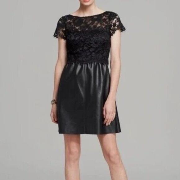 Bailey 44 Size S Black Lace and Faux Leather Boat Neck Mini Dress Goth Club Chic - Picture 1 of 12